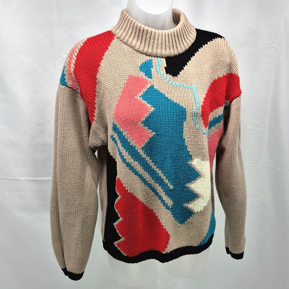 Vintage 80s 90s Adam French Chunky Knit Sweater Geometric Abstract Mock Neck Med - Picture 4 of 9